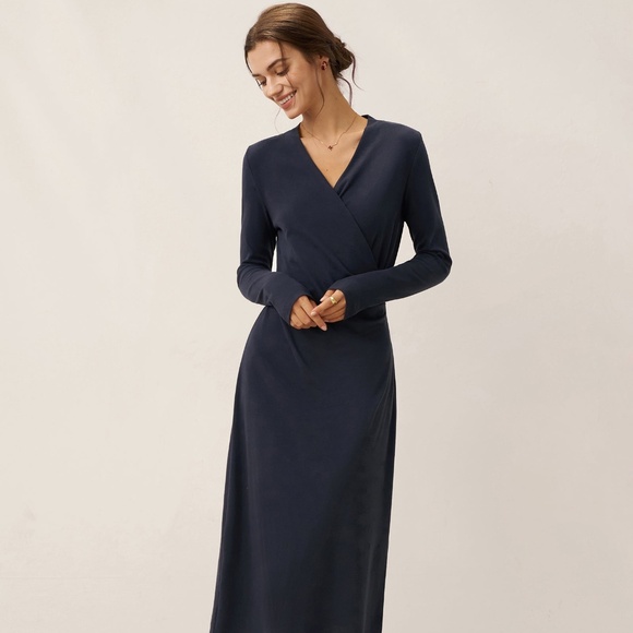 Linen Crossover V-Neck Wrap Stretch Midi Dress MARNIE - Picture 6 of 12